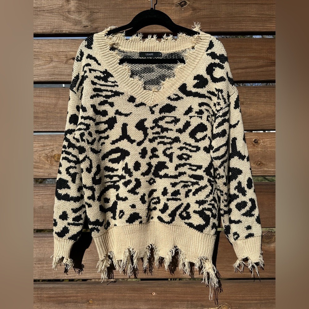 Leani Leopard Animal Print Distress Fringe Knit Edgy Grunge Oversized Sweater